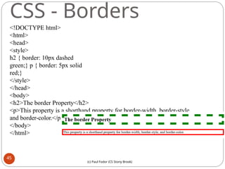 CSS - Borders
<!DOCTYPE html>
<html>
<head>
<style>
h2 { border: 10px dashed
green;} p { border: 5px solid
red;}
</style>
</head>
<body>
<h2>The border Property</h2>
<p>This property is a shorthand property for border-width, border-style,
and border-color.</p>
</body>
</html>
45
(c) Paul Fodor (CS Stony Brook)
 