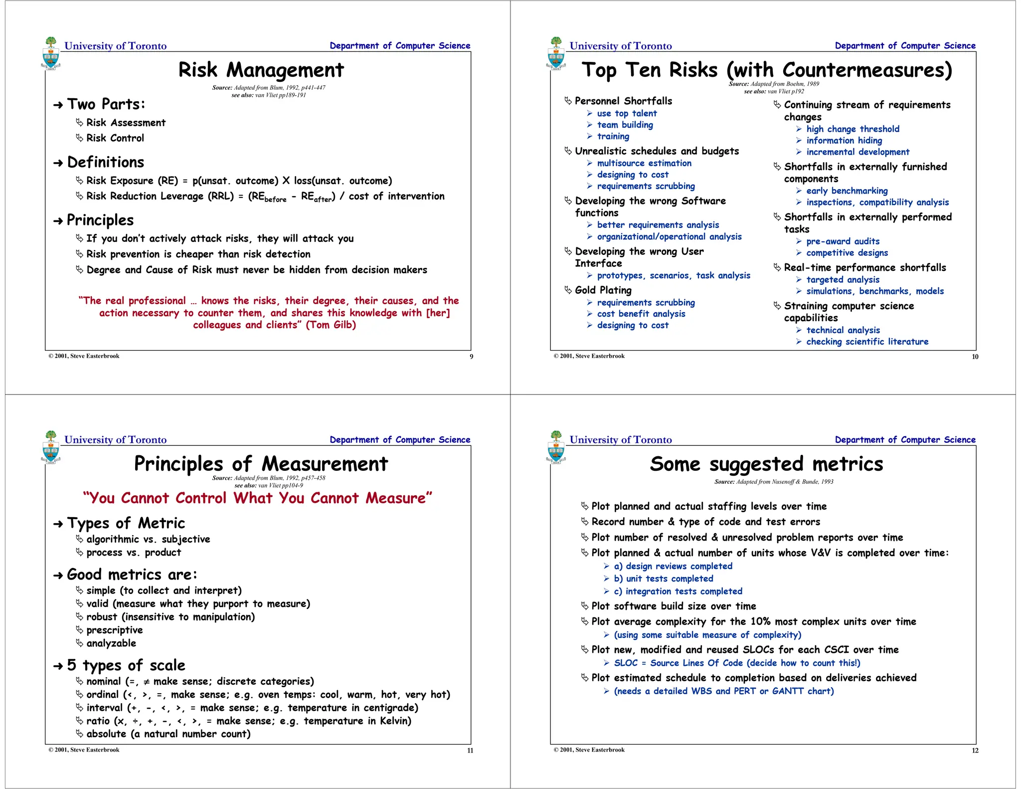 9
University of Toronto Department of Computer Science
© 2001, Steve Easterbrook
Risk Management
➜ Two Parts:
 Risk Assessment
 Risk Control
➜ Definitions
 Risk Exposure (RE) = p(unsat. outcome) X loss(unsat. outcome)
 Risk Reduction Leverage (RRL) = (REbefore - REafter) / cost of intervention
➜ Principles
 If you don’t actively attack risks, they will attack you
 Risk prevention is cheaper than risk detection
 Degree and Cause of Risk must never be hidden from decision makers
“The real professional … knows the risks, their degree, their causes, and the
action necessary to counter them, and shares this knowledge with [her]
colleagues and clients” (Tom Gilb)
Source: Adapted from Blum, 1992, p441-447
see also: van Vliet pp189-191
10
University of Toronto Department of Computer Science
© 2001, Steve Easterbrook
Top Ten Risks (with Countermeasures)
 Personnel Shortfalls
 use top talent
 team building
 training
 Unrealistic schedules and budgets
 multisource estimation
 designing to cost
 requirements scrubbing
 Developing the wrong Software
functions
 better requirements analysis
 organizational/operational analysis
 Developing the wrong User
Interface
 prototypes, scenarios, task analysis
 Gold Plating
 requirements scrubbing
 cost benefit analysis
 designing to cost
Source: Adapted from Boehm, 1989
see also: van Vliet p192
 Continuing stream of requirements
changes
 high change threshold
 information hiding
 incremental development
 Shortfalls in externally furnished
components
 early benchmarking
 inspections, compatibility analysis
 Shortfalls in externally performed
tasks
 pre-award audits
 competitive designs
 Real-time performance shortfalls
 targeted analysis
 simulations, benchmarks, models
 Straining computer science
capabilities
 technical analysis
 checking scientific literature
11
University of Toronto Department of Computer Science
© 2001, Steve Easterbrook
Principles of Measurement
“You Cannot Control What You Cannot Measure”
➜ Types of Metric
 algorithmic vs. subjective
 process vs. product
➜ Good metrics are:
 simple (to collect and interpret)
 valid (measure what they purport to measure)
 robust (insensitive to manipulation)
 prescriptive
 analyzable
➜ 5 types of scale
 nominal (=, ≠
≠
≠
≠ make sense; discrete categories)
 ordinal (, , =, make sense; e.g. oven temps: cool, warm, hot, very hot)
 interval (+, -, , , = make sense; e.g. temperature in centigrade)
 ratio (x, ÷, +, -, , , = make sense; e.g. temperature in Kelvin)
 absolute (a natural number count)
Source: Adapted from Blum, 1992, p457-458
see also: van Vliet pp104-9
12
University of Toronto Department of Computer Science
© 2001, Steve Easterbrook
Some suggested metrics
 Plot planned and actual staffing levels over time
 Record number  type of code and test errors
 Plot number of resolved  unresolved problem reports over time
 Plot planned  actual number of units whose VV is completed over time:
 a) design reviews completed
 b) unit tests completed
 c) integration tests completed
 Plot software build size over time
 Plot average complexity for the 10% most complex units over time
 (using some suitable measure of complexity)
 Plot new, modified and reused SLOCs for each CSCI over time
 SLOC = Source Lines Of Code (decide how to count this!)
 Plot estimated schedule to completion based on deliveries achieved
 (needs a detailed WBS and PERT or GANTT chart)
Source: Adapted from Nusenoff  Bunde, 1993
 