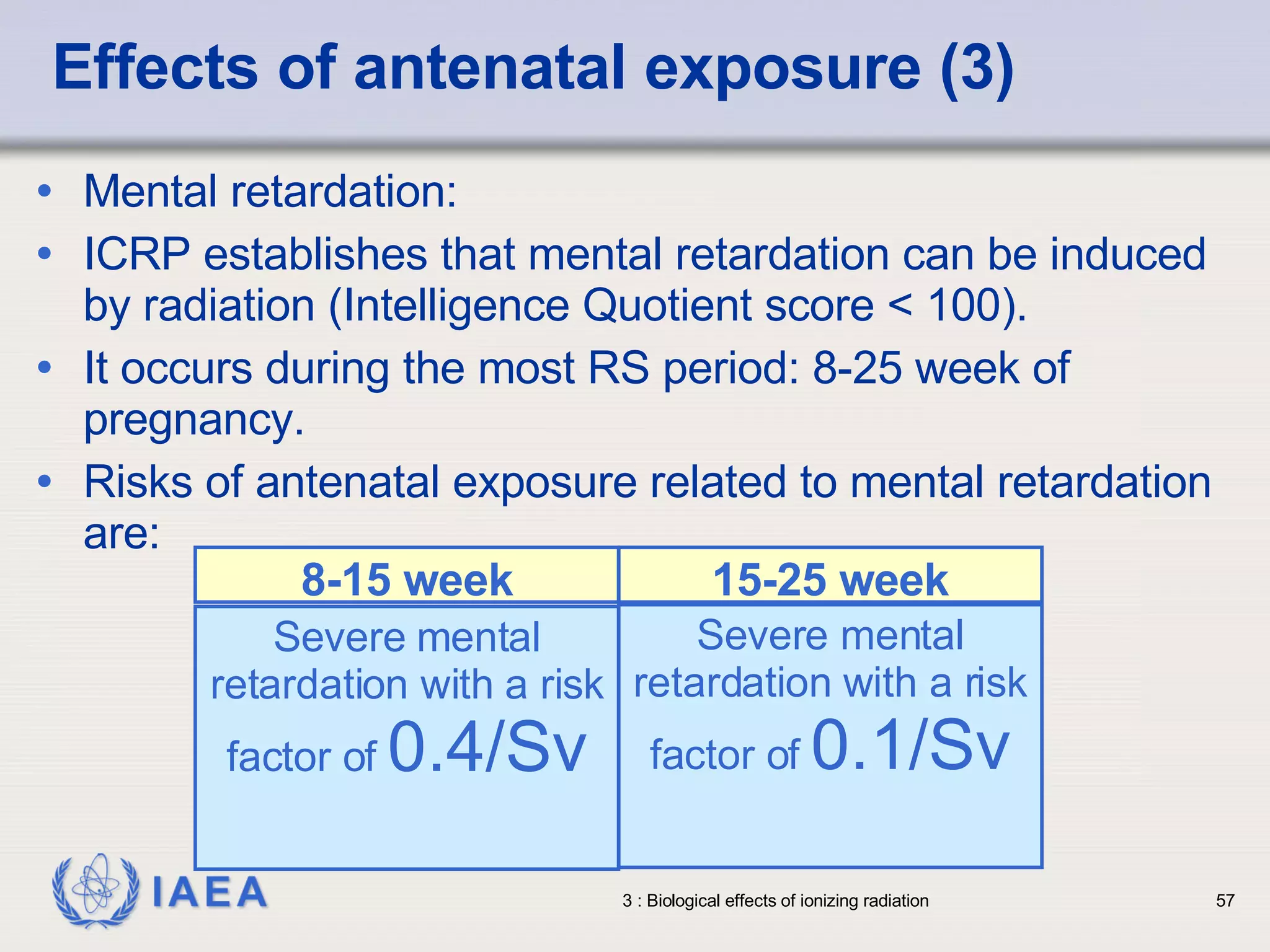 Effects of antenatal exposure (3) Mental retardation: ICRP establishes that mental retardation can be induced by radiation (Intelligence Quotient score < 100). It occurs during the most RS period: 8-25 week of pregnancy. Risks of antenatal exposure related to mental retardation are: Severe mental retardation with a risk factor of   0.1/Sv Severe  mental  retardation with a risk factor of   0.4/Sv 15-25 week 8-15 week 