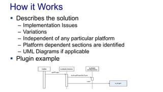 How it Works
 Describes the solution
– Implementation Issues
– Variations
– Independent of any particular platform
– Platform dependent sections are identified
– UML Diagrams if applicable
 Plugin example
 