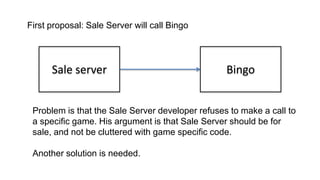 Sale server Bingo
First proposal: Sale Server will call Bingo
Problem is that the Sale Server developer refuses to make a call to
a specific game. His argument is that Sale Server should be for
sale, and not be cluttered with game specific code.
Another solution is needed.
 