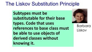 The Liskov Substitution Principle
Subtypes must be
substitutable for their base
types. Code that uses
references to base class must
be able to use objects of
derived classes without
knowing it.
Barbara
Liskov
 
