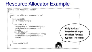 public class ResourceAllocator
{
...
public int allocate(intresourceType)
{
intresourceId;
switch (resourceType)
{
case TIME_SLOT:
resourceId = findFreeTimeSlot();
markTimeslotBusy(resourceId);
break;
case SPACE_SLOT:
resourceId = findFreeSpaceSlot();
markSpaceSlotBusy(resourceId);
break;
...
}
return resourceId;
}
...
Resource Allocator Example
Holy Buckets!!
I need to change
the class for new
types!!! Horrible!
 