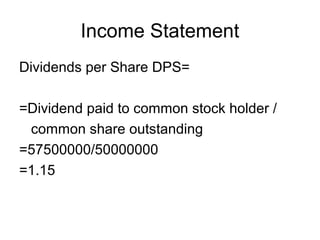 Income Statement
Dividends per Share DPS=

=Dividend paid to common stock holder /
 common share outstanding
=57500000/50000000
=1.15
 