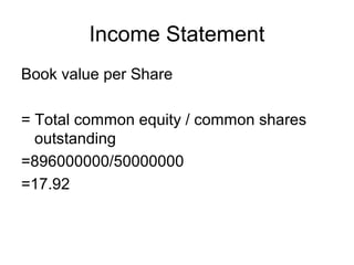 Income Statement
Book value per Share

= Total common equity / common shares
  outstanding
=896000000/50000000
=17.92
 