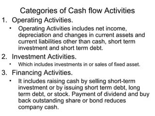 Categories of Cash flow Activities
1. Operating Activities.
  •   Operating Activities includes net income,
      depreciation and changes in current assets and
      current liabilities other than cash, short term
      investment and short term debt.
2. Investment Activities.
  •   Which includes investments in or sales of fixed asset.
3. Financing Activities.
  •   It includes raising cash by selling short-term
      investment or by issuing short term debt, long
      term debt, or stock. Payment of dividend and buy
      back outstanding share or bond reduces
      company cash.
 