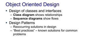 Object Oriented Design 
 Design of classes and interfaces 
– Class diagram shows relationships 
– Sequence diagrams show flows 
 Design Patterns 
– Reoccurring solutions in design 
– “Best practices” – known solutions for common 
problems 
 