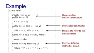 class Point 
{ 
private int x, y; 
public Point () 
{ 
x = 0; y = 0; 
} 
public Point (int x, int y) 
{ 
this.x = x; this.y = y; 
} 
public void move (intdx, intdy) 
{ 
x+=dx;y+=dy; 
} 
public String toString () 
{ 
return "(" + x + "," + y + ")"; 
} 
} 
Class variables 
Default constructors 
Overloaded constructor 
this used to refer to the 
class variables 
Override toString 
method of Object 
Example 
 