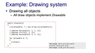 Example: Drawing system 
 Drawing all objects 
– All draw objects implement Drawable 
public DrawTest() 
{ 
List<Drawable> l = new ArrayList<Drawable>(); 
l.add(new Rectangle(1, 1, 1, 1)); 
l.add(new Circle(2, 1, 1)); 
l.add(new Rectangle(8, 4, 1, 1)); 
for (Drawable d: l) 
{ 
d.draw(); 
} 
} 
Rectange (x=1,y=1,h=1,w=1) 
Circle (x=2,y=1,r=1) 
Rectange (x=8,y=4,h=1,w=1) 
 