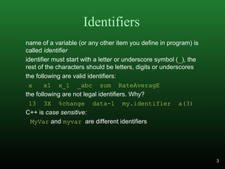 Identifiers
name of a variable (or any other item you define in program) is
called identifier
identifier must start with a letter or underscore symbol (_), the
rest of the characters should be letters, digits or underscores
the following are valid identifiers:
x x1 x_1 _abc sum RateAveragE
the following are not legal identifiers. Why?
13 3X %change data-1 my.identifier a(3)
C++ is case sensitive:
MyVar and myvar are different identifiers
3
 