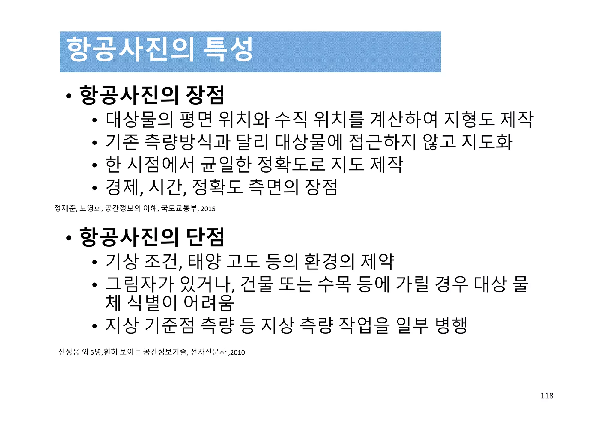 • 항공사진의 장점
• 대상물의 평면 위치와 수직 위치를 계산하여 지형도 제작
• 기존 측량방식과 달리 대상물에 접근하지 않고 지도화
• 한 시점에서 균일한 정확도로 지도 제작
• 경제, 시간, 정확도 측면의 장점
• 항공사진의 단점
• 기상 조건, 태양 고도 등의 환경의 제약
• 그림자가 있거나, 건물 또는 수목 등에 가릴 경우 대상 물
체 식별이 어려움
• 지상 기준점 측량 등 지상 측량 작업을 일부 병행
항공사진의 특성
118
정재준, 노영희, 공간정보의 이해, 국토교통부, 2015 
신성웅 외 5명,훤히 보이는 공간정보기술, 전자신문사 ,2010
 