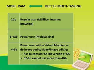 MORE RAM BETTER MULTI-TASKING
2Gb Regular user (MOffice, Internet
browsing)
3-4Gb Power user (Multitasking)
>4Gb
Power user with a Virtual Machine or
do heavy audio/video/image editing
 has to consider 64-bit version of OS
 32-bit cannot use more than 4Gb
 