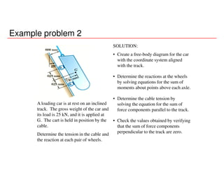 Example problem 2
A loading car is at rest on an inclined
track. The gross weight of the car and
its load is 25 kN, and it is applied at
G. The cart is held in position by the
cable.
Determine the tension in the cable and
the reaction at each pair of wheels.
SOLUTION:
• Create a free-body diagram for the car
with the coordinate system aligned
with the track.
• Determine the reactions at the wheels
by solving equations for the sum of
moments about points above each axle.
• Determine the cable tension by
solving the equation for the sum of
force components parallel to the track.
• Check the values obtained by verifying
that the sum of force components
perpendicular to the track are zero.
 