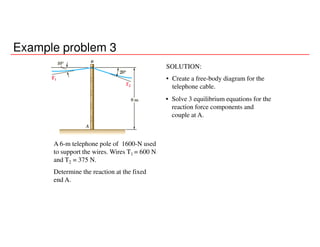 Example problem 3
A 6-m telephone pole of 1600-N used
to support the wires. Wires T1 = 600 N
and T2 = 375 N.
Determine the reaction at the fixed
end A.
SOLUTION:
• Create a free-body diagram for the
telephone cable.
• Solve 3 equilibrium equations for the
reaction force components and
couple at A.
 