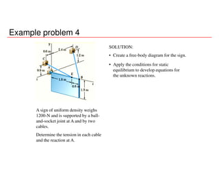 Example problem 4
A sign of uniform density weighs
1200-N and is supported by a ball-
and-socket joint at A and by two
cables.
Determine the tension in each cable
and the reaction at A.
SOLUTION:
• Create a free-body diagram for the sign.
• Apply the conditions for static
equilibrium to develop equations for
the unknown reactions.
 