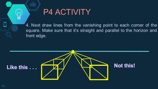 P4 ACTIVITY
11
4. Next draw lines from the vanishing point to each corner of the
square. Make sure that it’s straight and parallel to the horizon and
front edge.
 