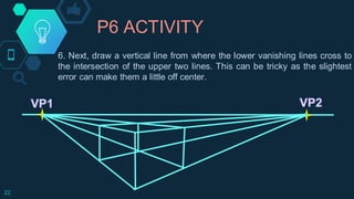 P6 ACTIVITY
22
6. Next, draw a vertical line from where the lower vanishing lines cross to
the intersection of the upper two lines. This can be tricky as the slightest
error can make them a little off center.
 