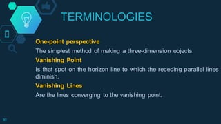 TERMINOLOGIES
30
One-point perspective
The simplest method of making a three-dimension objects.
Vanishing Point
Is that spot on the horizon line to which the receding parallel lines
diminish.
Vanishing Lines
Are the lines converging to the vanishing point.
 
