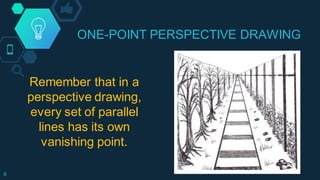 ONE-POINT PERSPECTIVE DRAWING
6
Remember that in a
perspective drawing,
every set of parallel
lines has its own
vanishing point.
 