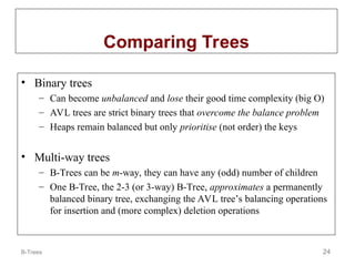 B-Trees 24
Comparing Trees
• Binary trees
– Can become unbalanced and lose their good time complexity (big O)
– AVL trees are strict binary trees that overcome the balance problem
– Heaps remain balanced but only prioritise (not order) the keys
• Multi-way trees
– B-Trees can be m-way, they can have any (odd) number of children
– One B-Tree, the 2-3 (or 3-way) B-Tree, approximates a permanently
balanced binary tree, exchanging the AVL tree’s balancing operations
for insertion and (more complex) deletion operations
 