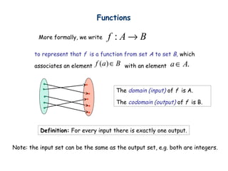 Functions

         More formally, we write    f :A→B
        to represent that f is a function from set A to set B, which

        associates an element   f (a) ∈ B   with an element   a ∈ A.


                                       The domain (input) of f is A.

                                       The codomain (output) of f is B.



          Definition: For every input there is exactly one output.

Note: the input set can be the same as the output set, e.g. both are integers.
 