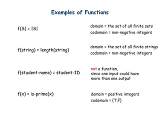 Examples of Functions

                               domain = the set of all finite sets
f(S) = |S|
                               codomain = non-negative integers


                               domain = the set of all finite strings
f(string) = length(string)
                               codomain = non-negative integers


                               not a function,
f(student-name) = student-ID   since one input could have
                               more than one output


f(x) = is-prime(x)             domain = positive integers
                               codomain = {T,F}
 