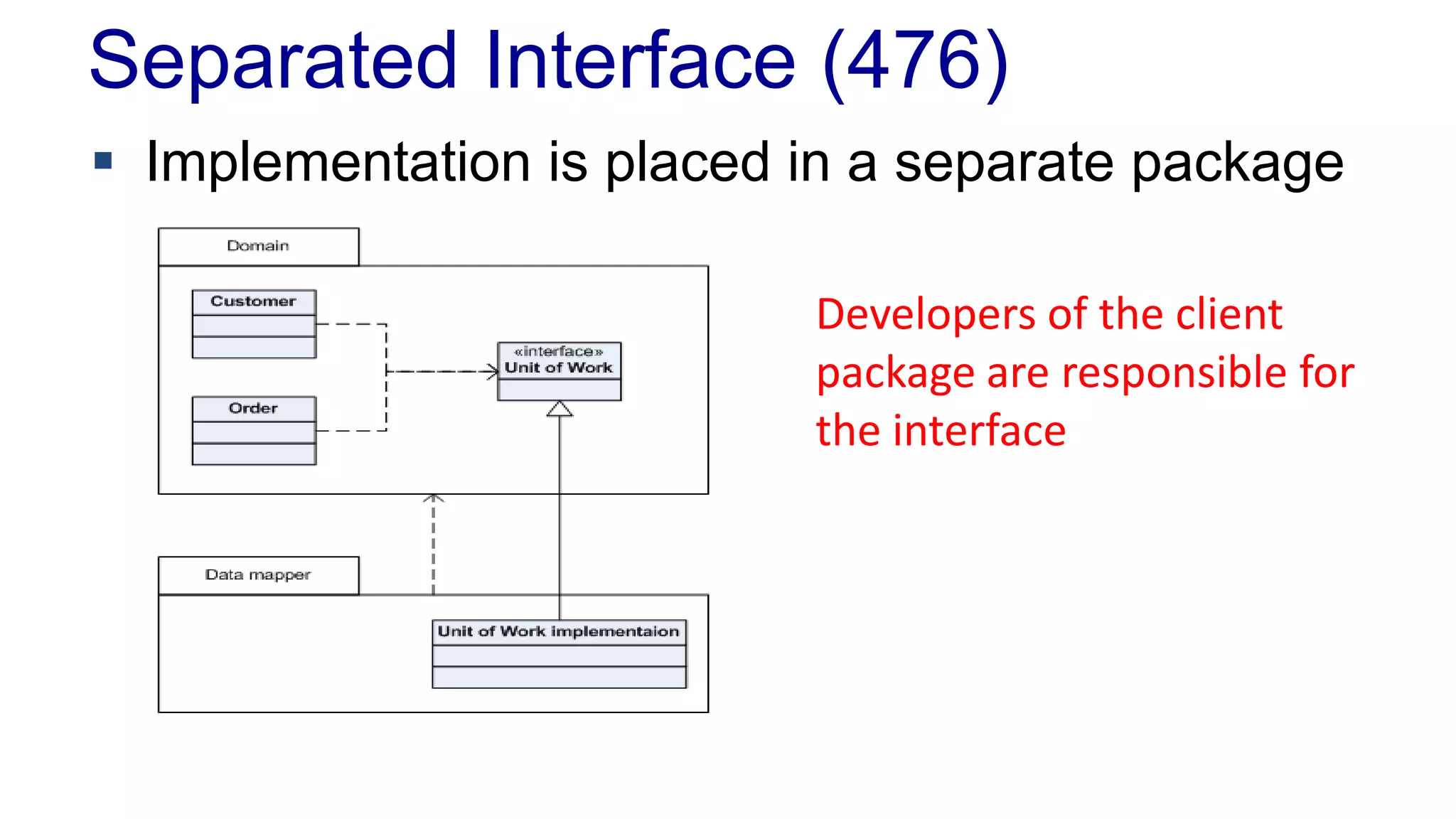 Separated Interface (476)
 Implementation is placed in a separate package
Developers of the client
package are responsible for
the interface
 