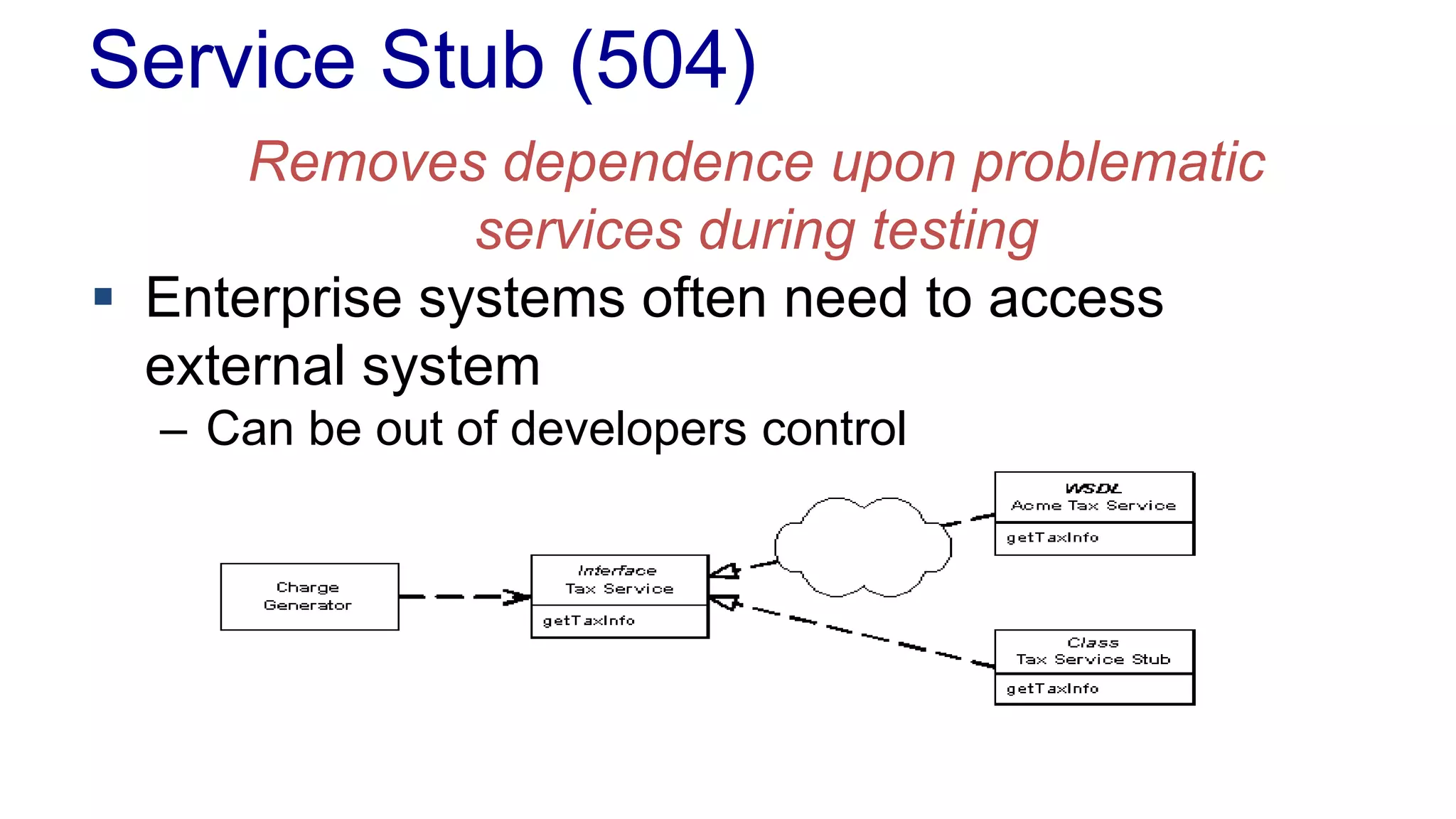 Service Stub (504)
Removes dependence upon problematic
services during testing
 Enterprise systems often need to access
external system
– Can be out of developers control
 