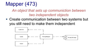 Mapper (473)
An object that sets up communiction between
two independent objects
 Create communication between two systems but
you still need to make them independent
 