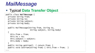 MailMessage
 Typical Data Transfer Object
public class MailMessage {
private String from;
private String to;
private String subject;
private String body;
public MailMessage(String from, String to,
String subject, String body)
{
this.from = from;
this.to = to;
this.subject = subject;
this.body = body;
}
public String getFrom() { return from; }
public void setFrom(String from) { this.from = from; }
...
 