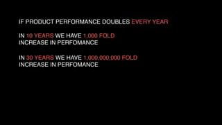 IF PRODUCT PERFORMANCE DOUBLES EVERY YEAR
IN 10 YEARS WE HAVE 1,000 FOLD  
INCREASE IN PERFOMANCE
IN 30 YEARS WE HAVE 1,000,000,000 FOLD  
INCREASE IN PERFOMANCE
 