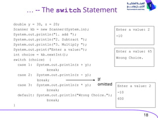 18
… -- The switch Statement
double y = 30, z = 20;
Scanner kb = new Scanner(System.in);
System.out.println("1. add ");
System.out.println("2. Subtract ");
System.out.println("3. Multiply ");
System.out.print("Enter a value:");
int choice = kb.nextInt();
switch (choice) {
case 1: System.out.println(z + y);
break;
case 2: System.out.println(z - y);
case 3: System.out.println(z * y);
break;
default: System.out.println("Wrong Choice.");
break;
}
break;
Enter a value: 2
-10
Enter a value: 65
Wrong Choice.
If
omitted Enter a value: 2
-10
600
 