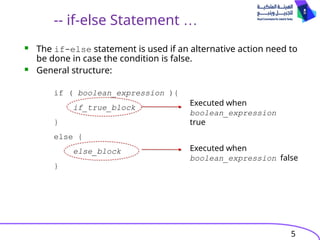 5
-- if-else Statement …
 The if-else statement is used if an alternative action need to
be done in case the condition is false.
 General structure:
if ( boolean_expression ){
if_true_block
}
else {
else_block
}
Executed when
boolean_expression
true
Executed when
boolean_expression false
 