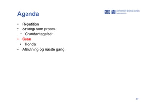 17
Agenda
• Repetition
• Strategi som proces
− Grundantagelser
• Case
• Honda
• Afslutning og næste gang
 
