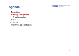 5
Agenda
• Repetition
• Strategi som proces
− Grundantagelser
• Case
• Honda
• Afslutning og næste gang
 