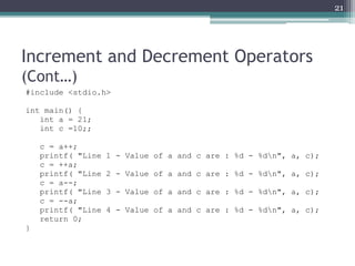 Increment and Decrement Operators
(Cont…)
#include <stdio.h>
int main() {
int a = 21;
int c =10;;
c = a++;
printf( "Line 1 - Value of a and c are : %d - %dn", a, c);
c = ++a;
printf( "Line 2 - Value of a and c are : %d - %dn", a, c);
c = a--;
printf( "Line 3 - Value of a and c are : %d - %dn", a, c);
c = --a;
printf( "Line 4 - Value of a and c are : %d - %dn", a, c);
return 0;
}
21
 