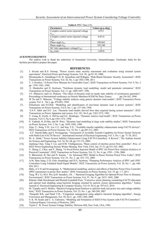 Security Assessment of an Interconnected Power System Considering Voltage Controller

                                                Table.9. IPFC Data [15]
                              Parameters                                Values (p.u./deg)
                              Complex control series injected voltage        0.015
                              Vse1
                              Complex control series injected voltage       0.0216
                              Vse2
                              Phase angle δse1                              349.662
                              Phase angle δse2                              185.240
                              DC link capacitance voltage(Vdc)                  2
                              Qinj (rad)                                    1.0878

ACKNOWLEDGEMENT
            The authors wish to thank the authorities of Annamalai University, Annamalainagar, Tamilnadu, India for the
facilities provided to prepare this paper.

                                                   REFERENCES
[1].     J. Srivani and K.S. Swarup, “Power system static security assessment and evaluation using external system
         equivalents”, Electrical Power and Energy Systems, Vol. 30, pp 83–92, 2008.
[2].     Dissanayaka.A, Annakkage.U.D, B. Jayasekara and B.Bagen, “Risk-Based Dynamic Security Assessment”, IEEE
         Transactions on Power Systems, Vol. 26, No. 3, pp 1302-1308, 2011.
[3].     T. J. Overbye, “A Power Flow Measure for Unsolvable Cases”, IEEE Transactions on Power Systems, Vol. 9, No. 3,
         pp. 1359–1365, 1994.
[4].      E. Handschin and D. Karlsson, "Nonlinear dynamic load modelling: model and parameter estimation," IEEE
         Transactions on Power Systems, Vol. 11, pp. 1689-1697, 1996.
[5].     J.V. Milanovic and I.A. Hiskens, “The effect of dynamic load on steady state stability of synchronous generator”,
         Proceedings in International conference on Electric Machines ICEM’94, Paris, France,         pp.154-162, 1994.
[6].     W Xu and Y. Mansour, “Voltage stability analysis using generic dynamic load models”, IEEE Transaction Power
         system, Vol. 9, No.1, pp. 479-493, 1994.
[7].     D.Karlsson and D.J.Hill, “Modelling and identification of non-linear dynamic load in power systems”, IEEE
         Transactions on Power Systems, Vol.9, No. 1, pp. 157-166, 1994.
[8].      S.A.Y. Sabir and D.C. Lee, “Dynamic load models derived from data acquired during system transients”, IEEE
         Transactions on Power Apparatus and system, Vol. 101, No.9, pp. 3365-3372, 1982.
[9].     Y. Liang, R. Fischl, A. DeVito and S.C. Readinger, “Dynamic reactive load model”, IEEE Transactions on Power
         Systems, Vol.13, No.4, pp.1365-1372, 1998.
[10].    E. Vaahedi, H. El-Din, and W. Price, “Dynamic load modelling in large scale stability studies”, IEEE Transactions
         on Power Systems, Vol. 3, No. 3, pp. 1039–1045, 1988.
[11].    Xiao, Y., Song, Y.H., Liu, C.C. and Sun, Y.Z., "Available transfer capability enhancement using FACTS devices",
         IEEE Transactions on Power Systems, Vol. 18, No. 1, pp.305-312, 2003.
[12].     A.V. Naresh Babu and S. Sivanagaraju, “Assessment of Available Transfer Capability for Power System Network
         with Multi-Line FACTS Device” , International Journal of Electrical Engineering, Vol .5, No. 1, pp. 71-78, 2012.
[13].    M. A. Abido,” Power System Stability Enhancement Using FACTS Controllers: A Review”, The Arabian Journal
         for Science and Engineering, Vol. 34, No 1B, pp 153-172, 2009.
[14].    Jianhong Chen, Tjing T. Lie, and D.M. Vilathgamuwa, "Basic control of interline power flow controller”, Proc. of
         IEEE Power Engineering Society Winter Meeting, New York, USA, Jan. 27-31, pp.521-525, 2002.
[15].    Y. Zhang, C. Chen, and Y. Zhang, “A Novel Power Injection Model of IPFC for Power Flow Analysis Inclusive of
         Practical Constraints”, IEEE Transactions on Power Systems, Vol. 21, No. 4, pp. 1550 – 1556, 2006.
[16].    S. Bhowmick, B. Das and N. Kumar, “ An Advanced IPFC Model to Reuse Newton Power Flow Codes”, IEEE
         Transactions on Power Systems, Vol. 24 , No. 2 , pp. 525- 532, 2009.
[17].    A.M. Shan Jiang, U.D. Gole Annakkage and D.A. Jacobson, “Damping Performance Analysis of IPFC and UPFC
         Controllers Using Validated Small-Signal Models”, IEEE Transactions on Power Systems, Vol. 26, No. 1 , pp. 446-
         454, 2011.
[18].    Babu, A.V.N and Sivanagaraju, S, “Mathematical modelling, analysis and effects of Interline Power Flow Controller
         (IPFC) parameters in power flow studies”, IEEE Transactions on Power Systems, Vol. 19, pp. 1-7, 2011.
[19].    Tang, W.J. Li, M.S. Wu, Q.H. Saunders, J.R. , “ Bacterial Foraging Algorithm for Optimal Power Flow in Dynamic
         Environments”, IEEE Transactions on Power Systems, Vol. 55 , No. 8 , pp. 2433- 2442, 2008.
[20].    Rahmat Allah Hooshmand and Mostafa Ezatabadi Pour, “Corrective action planning considering FACTS allocation
         and optimal load shedding using bacterial foraging oriented by particle swarm optimization algorithm,” Turkey
         Journal of Electrical Engineering & Computer Science, Vol.18, No.4, pp. 597-612, 2010.
[21].    M. Tripathy and S. Mishra, “Bacteria Foraging-based Solution to optimize both real power loss and voltage stability
         limit,” IEEE Transactions on Power Systems, Vol. 22, No. 1, pp. 240-248, 2007.
[22].     Panigrahi B.K. and Pandi V.R., “Congestion management using adaptive bacterial foraging algorithm”, Energy
         Conversion and Management, Vol. 50, No.5, pp. 1202-1209, 2009.
[23].    S. K. M. Kodsi and C. A. Cañizares, “Modeling and Simulation of IEEE14 bus System with FACTS Controllers”,
         Technical Report, University of Waterloo, 2003.
[24].    Taylor C. W, Power System Voltage Stability, McGraw-Hill, New York, USA, 1994.

                                                           80
 