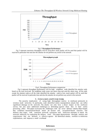 Enhance The Throughput Of Wireless Network Using Multicast Routing
www.iosrjournals.org 82 | Page
Fig 5 Throughput Performance.
Fig 5 represent maximize throughput will be occur.How much packet will be send that packet will be
received in particular time and also the attacker do not perform any action in the network
Fig 6. Throughput Performance comparision
Fig 6 represent throughput performance will be high . neighbour node identified the attacker node
based on the trust level.and the neighbour node create one alarm meg and send the alarm meg all the node
except the attacker node.so all the node identified the attacker node.so how much packet will be send that
packet will be received in particular time and also the attacker do not perform any action in the network
V. CONCLUSION AND FUTURE WORK
The security implication of using high- throughput metrics in multicast protocols in
wireless mesh networks. In particular, node identified metric manipulation attacks that can inflict
significant damage on the network. The attacks not only have a direct impact on the multicast
service, but also raise additional challenges in defending against them due to their metric
poisoning effect. This paper overcome the challenges with our novel defence scheme, Rate Guard,
that combines measurement-based attack de- taction and accusation-based reaction. Our
defence also copes with transient network variations and malicious attempts to attack the
network indirectly by exploiting the defense itself. This paper demonstrate through analysis and
experiments that our defense is effective against the identified attacks, resilient to malicious
exploitations, and imposes a small overhead
References
 