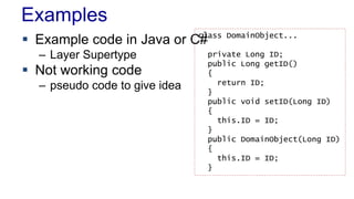 Examples 
 Example code in Java or C# 
– Layer Supertype 
 Not working code 
– pseudo code to give idea 
class DomainObject... 
private Long ID; 
public Long getID() 
{ 
return ID; 
} 
public void setID(Long ID) 
{ 
this.ID = ID; 
} 
public DomainObject(Long ID) 
{ 
this.ID = ID; 
} 
 