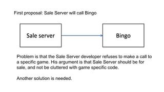 First proposal: Sale Server will call Bingo 
Sale server Bingo 
Problem is that the Sale Server developer refuses to make a call to 
a specific game. His argument is that Sale Server should be for 
sale, and not be cluttered with game specific code. 
Another solution is needed. 
 