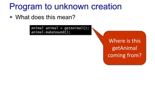 Program to unknown creation 
 What does this mean? 
Animal animal = getAnimal(); 
animal.makeSound(); 
Where is this 
getAnimal 
coming from? 
 