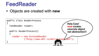 FeedReader 
 Objects are created with new 
public class ReaderProcess 
{ 
FeedReader reader; 
public ReaderProcess() 
{ 
reader = new RssFeedReader 
("http://www.mbl.is/mm/rss/togt.xml"); 
} 
Holy Cow! 
new creates 
concrete object 
not abstraction!! 
 