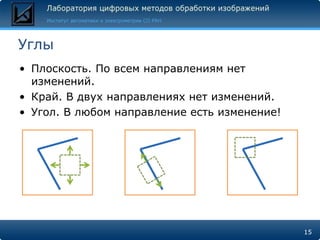 Углы
• Плоскость. По всем направлениям нет
  изменений.
• Край. В двух направлениях нет изменений.
• Угол. В любом направление есть изменение!




                                              15
 