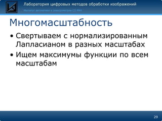Многомасштабность
• Свертываем с нормализированным
  Лапласианом в разных масштабах
• Ищем максимумы функции по всем
  масштабам




                                   29
 