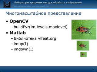 Многомасштабное представление
• OpenCV
 – buildPyr(im,levels,maxlevel)
• Matlab
 – Библиотека vlfeat.org
 – imup(I)
 – imdown(I)




                                  7
 
