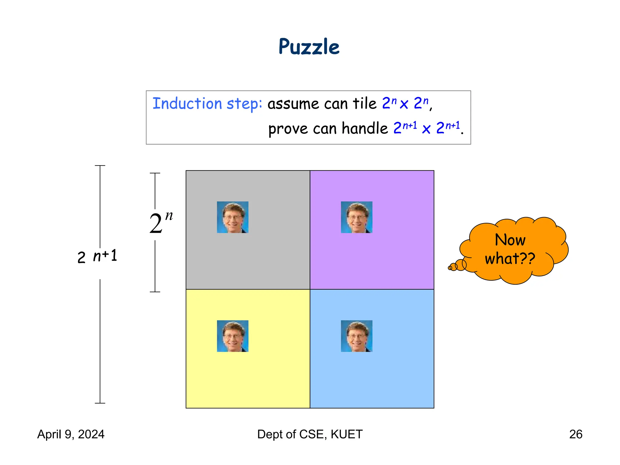 n
2
Induction step: assume can tile 2n x 2n,
prove can handle 2n+1 x 2n+1.
1
2 +
n
Puzzle
Now
what??
April 9, 2024 Dept of CSE, KUET 26
 