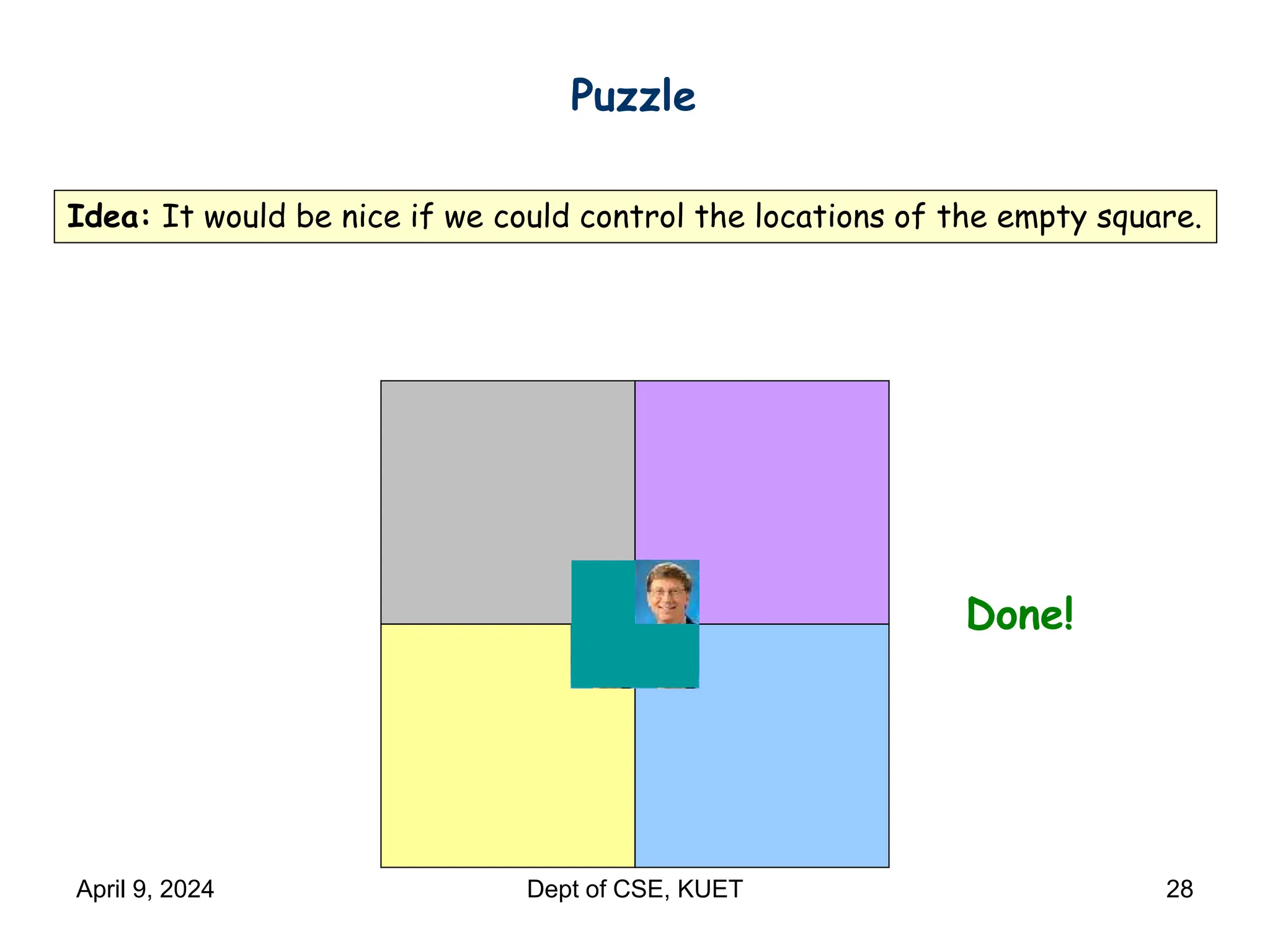 Done!
Puzzle
Idea: It would be nice if we could control the locations of the empty square.
April 9, 2024 Dept of CSE, KUET 28
 