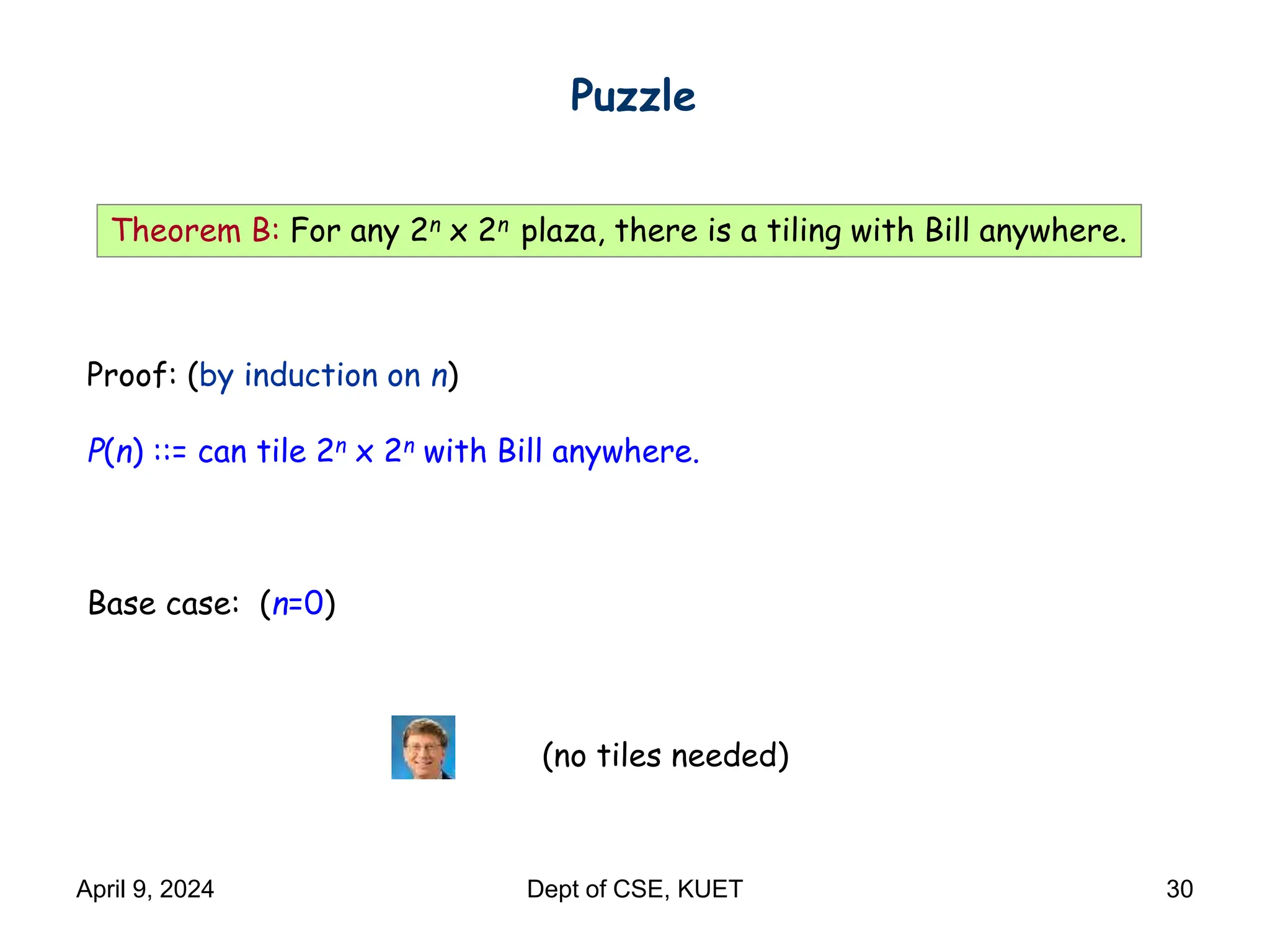 Theorem B: For any 2n x 2n plaza, there is a tiling with Bill anywhere.
Proof: (by induction on n)
P(n) ::= can tile 2n x 2n with Bill anywhere.
Base case: (n=0)
(no tiles needed)
Puzzle
April 9, 2024 Dept of CSE, KUET 30
 