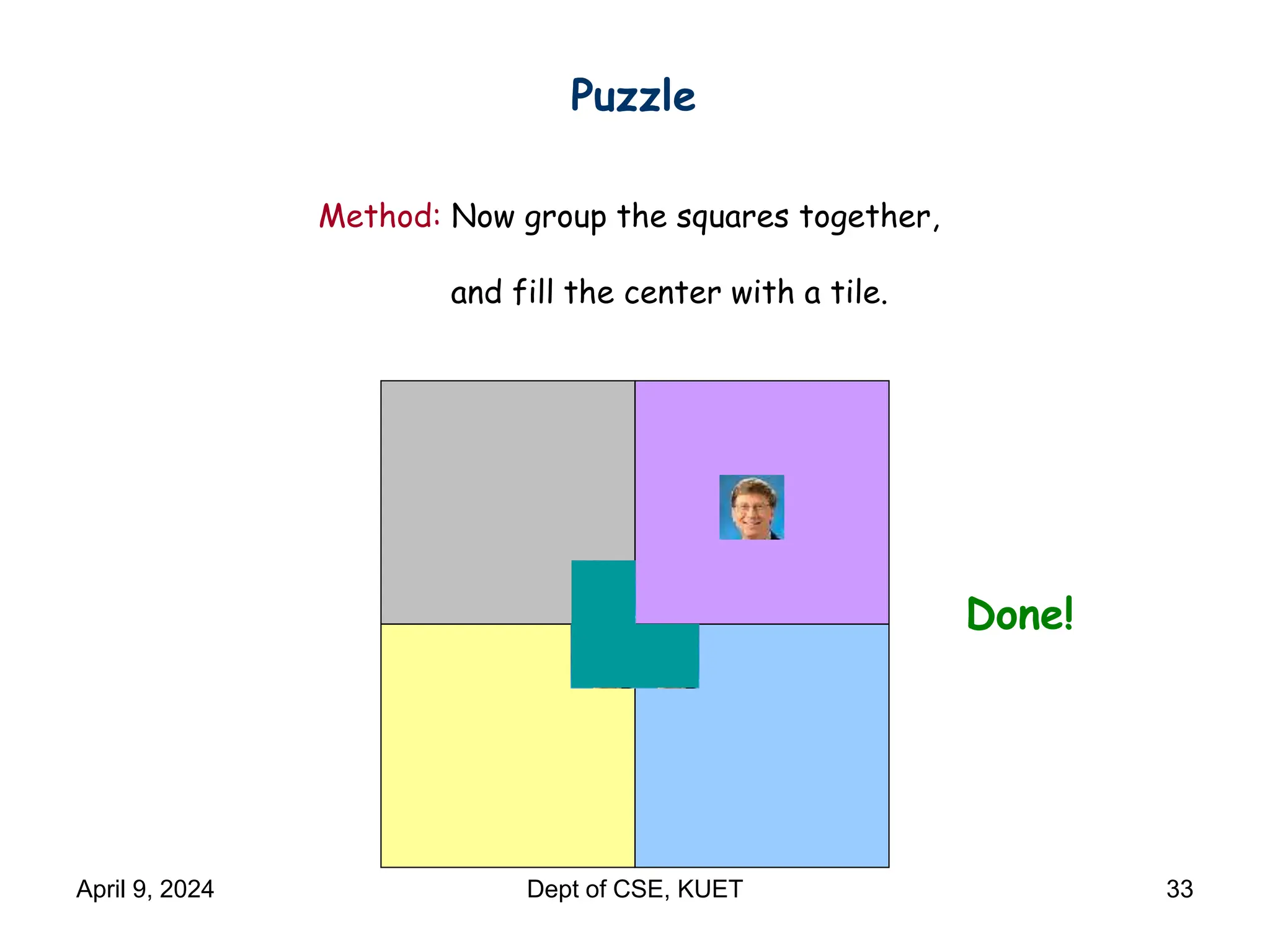 Method: Now group the squares together,
and fill the center with a tile.
Done!
Puzzle
April 9, 2024 Dept of CSE, KUET 33
 