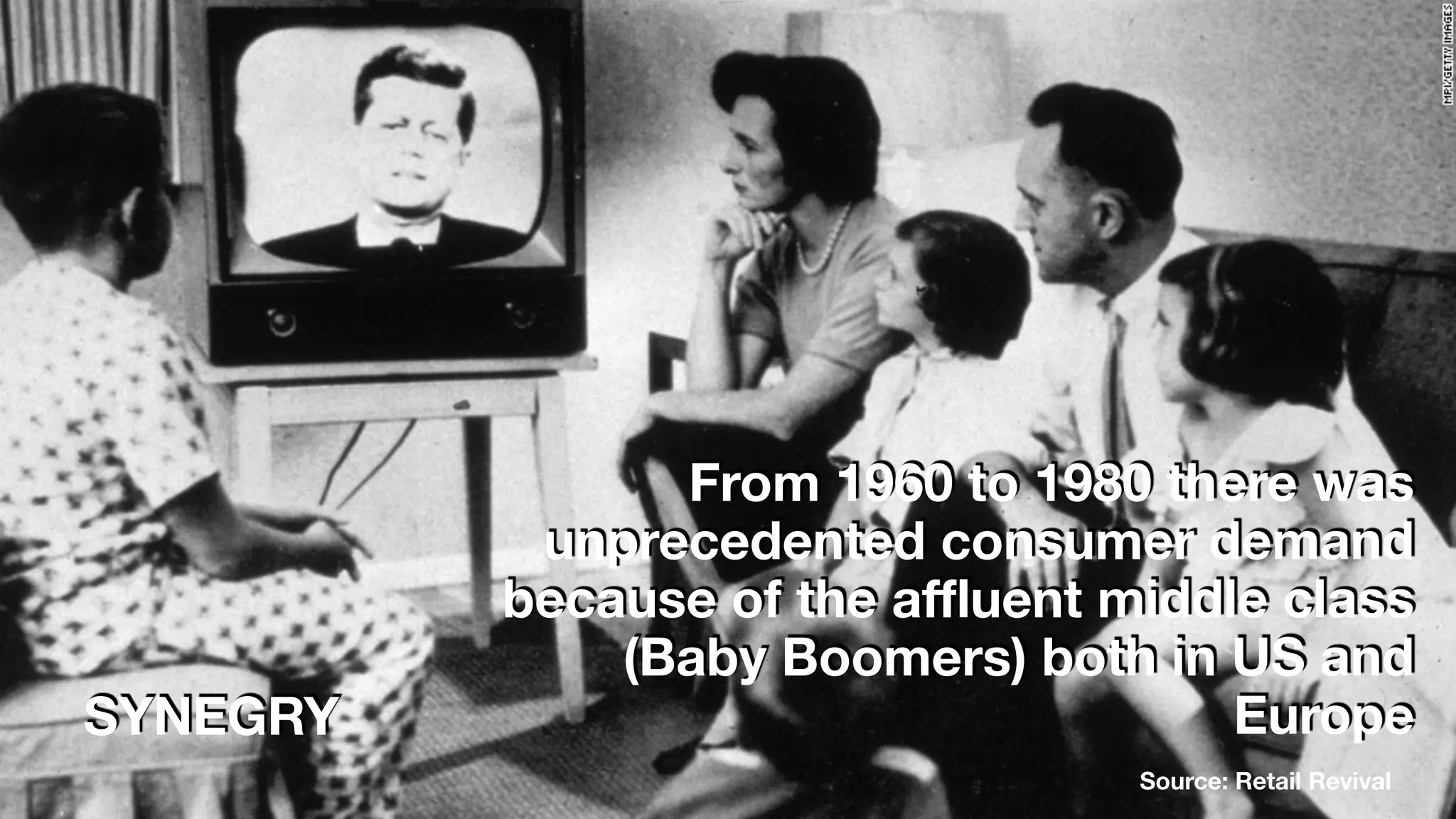 From 1960 to 1980 there was
unprecedented consumer demand
because of the affluent middle class
(Baby Boomers) both in US and
Europe
Source: Retail Revival
SYNEGRY
 